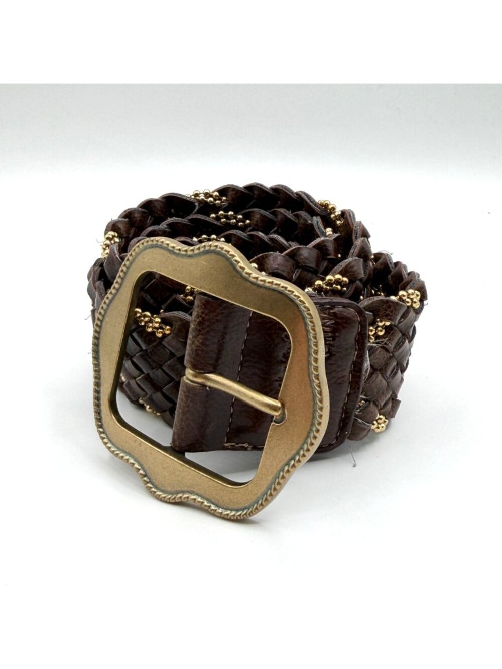 Kathy Van Zeeland Brown Braided Leather Belt w/ Bead Detail Boho Festival
